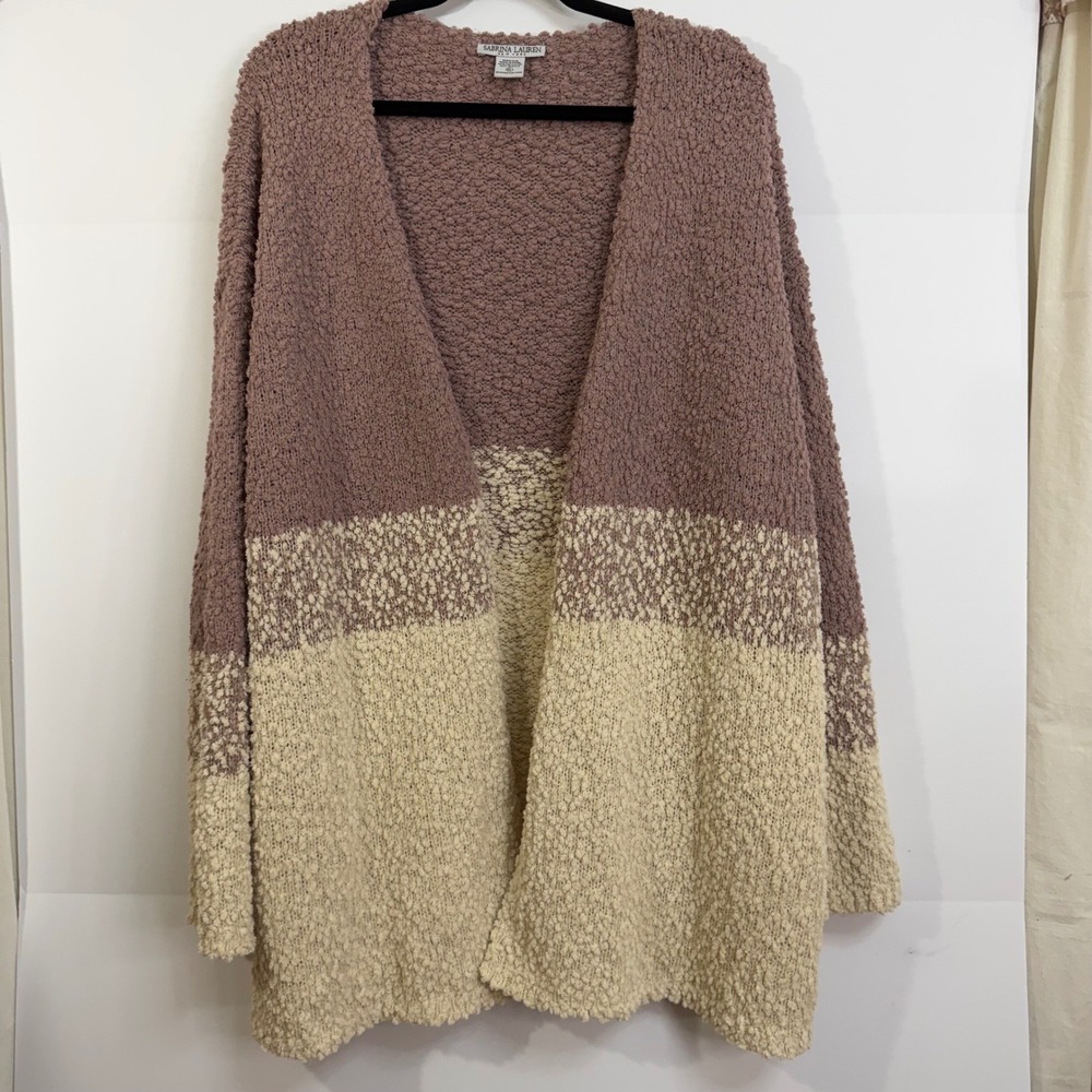 Sabrina Lauren Popcorn Knit‎ Colorblock Cardigan Sweater XL Dusty Rose Beige